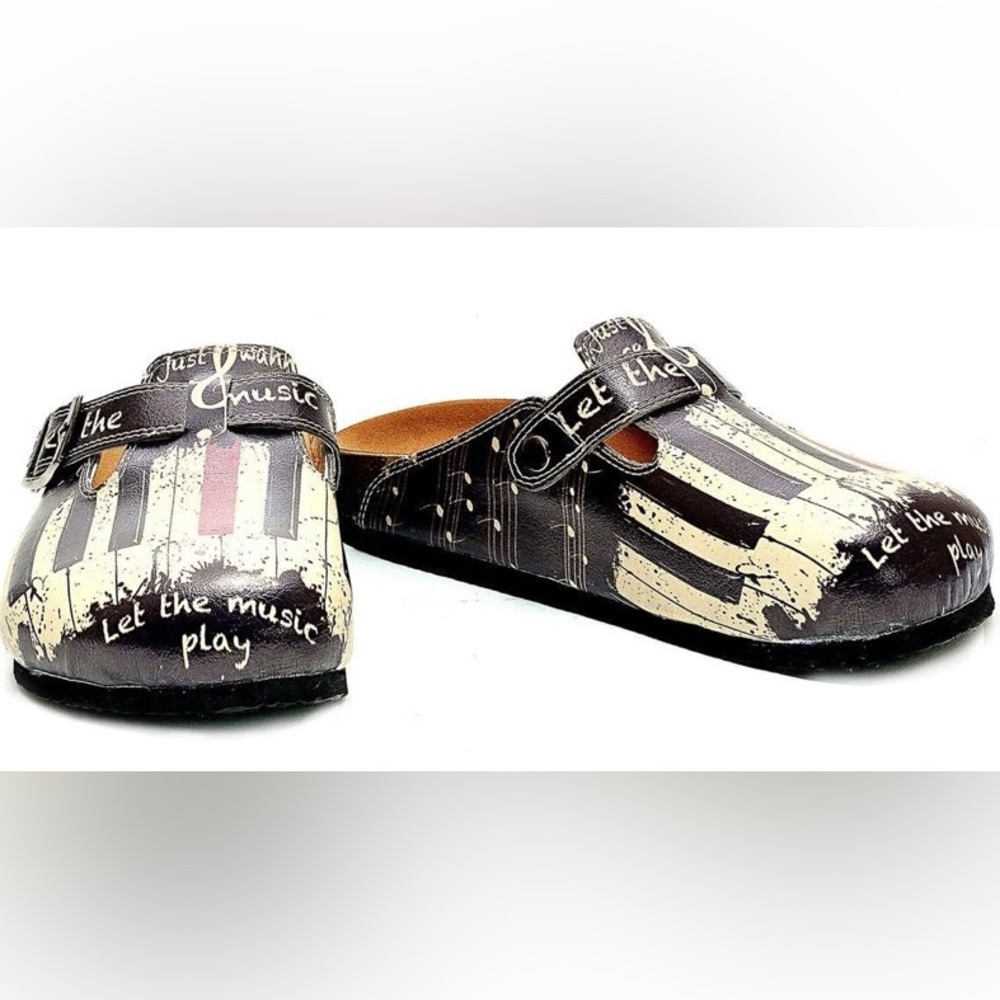 CALCEO BLACK & WHITE, RED PIANO PATTERN, “LET THE MUSIC PLAY” CLOGS.